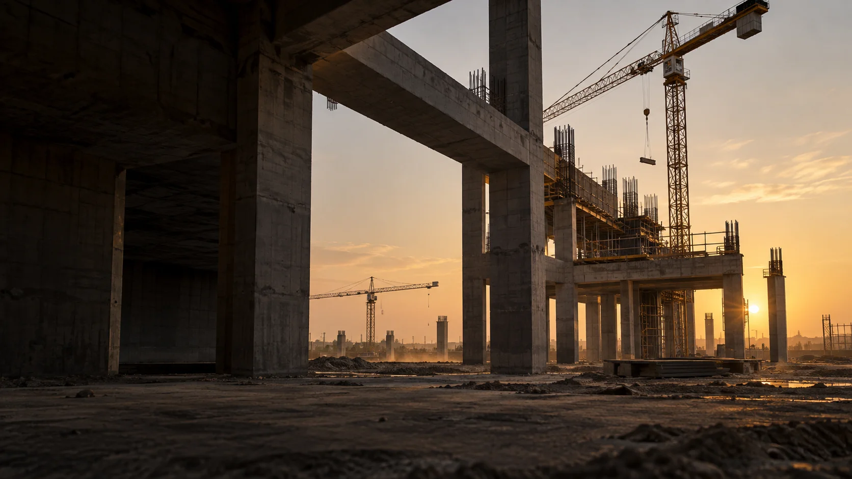 Monumental concrete structure and cranes in warm evening light